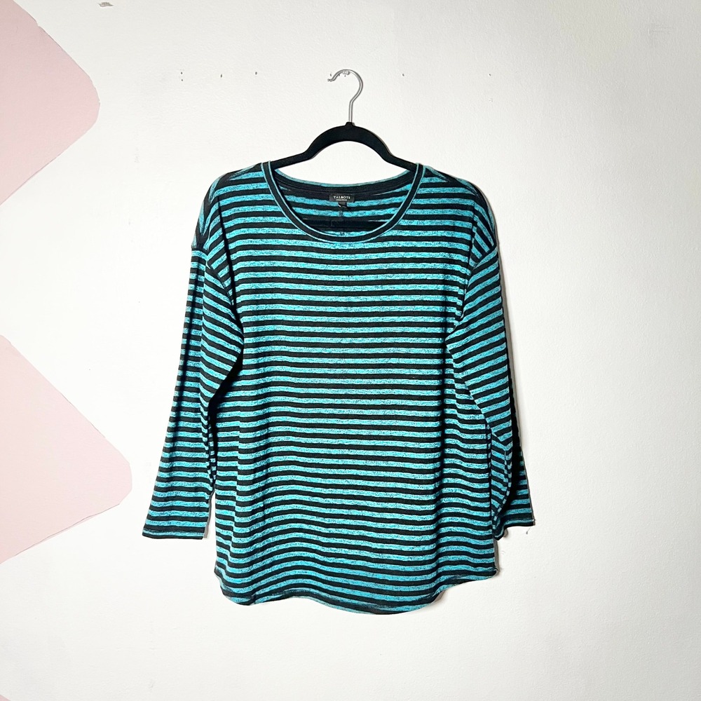 Talbots Long Sleeve Top Womens 1X Petites Teal Black Striped Casual